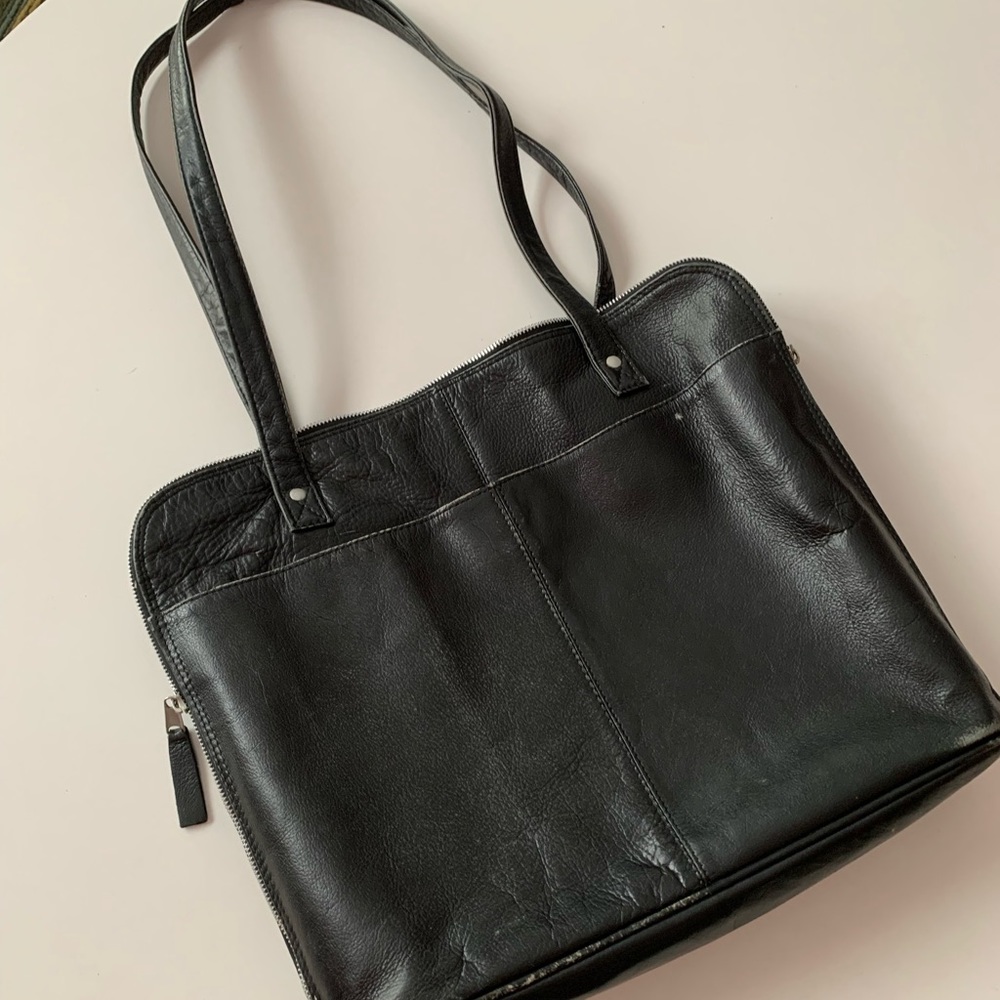 J Jill black leather shoulder bag purse fit laptop